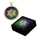 Star of David - Magen David  Gold Plated Necklace<br><div class="desc">Deep blue,  purple and green galaxy with the Star of David.
Apply this image to the necklace style of your choosing and add earrings to complete the set.  The matching jewelry box is sold separately.</div>
