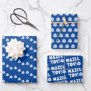 Star of David Mazel Tov Bar Bat Mitzvah Hanukkah Wrapping Paper Sheets