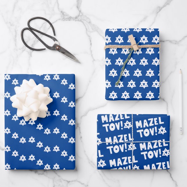 Star of David Mazel Tov Bar Bat Mitzvah Hanukkah  Wrapping Paper Sheets (Front)