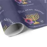 Star of David Menorah Dreidel Blessing | Chanukah Wrapping Paper<br><div class="desc">Stylish, elegant HANUKKAH BLESSINGS Wrapping Paper. Design shows a gold colored MENORAH with multicolored STAR OF DAVID and silver gray DREIDEL. At the top there is curved text which says BARUCH ATAH, ADONAI (Blessed are You, O God) and underneath the text reads HANUKKAH BLESSINGS. The background color is midnight blue....</div>