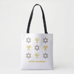 Star of David Menorah HANUKKAH Tote Bag<br><div class="desc">Modern HAPPY HANUKKAH tote bag with CUSTOMIZABLE text, showing faux gold and silver STAR OF DAVID and MENORAH. Text reads HAPPY HANUKKAH with a placeholder name, and is CUSTOMIZABLE, so you can PERSONALIZE it by adding your name or other text. Ideal for Hanukkah celebrations, and with customization can be suitable...</div>