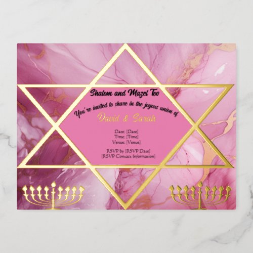 Star Of David  Menorah Jewish Style Pink Wedding Foil Invitation Postcard