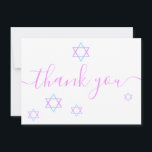 Star of David Modern Pink Script Bat Mitzvah Thank You Card<br><div class="desc">Show your appreciation to your family and friends for attending your Bat Mitzvah with this modern thank you flat card. This design features pink script typography that reads "Thank You" accented by a sprinkling of Star of David in shades of pink, aqua blue and purple. The back of this flat...</div>