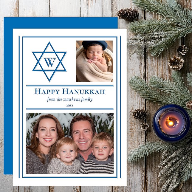 Star of David Monogram Hanukkah 2 Photo Greeting Letterpress Photo Cards (Star of David Monogram "Happy Hanukkah" 2 Photo Greeting Family Letterpress Photo Cards - Blue White)
