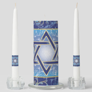 Star of David Navy Blue Gold Jewish Unity Candle Set