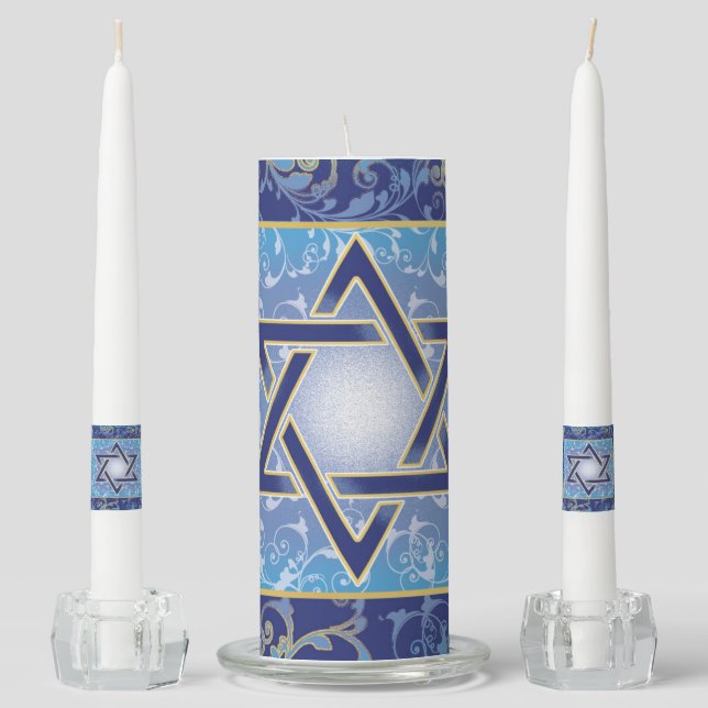 Star of David Navy Blue Gold Jewish Unity Candle Set (Front)