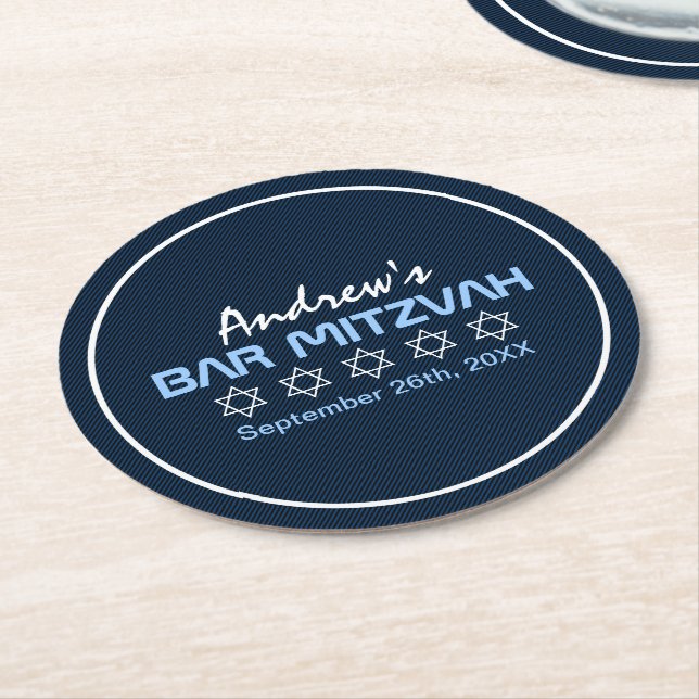 Star of David Pattern Bar Mitzvah Round Paper Coaster (Angled)