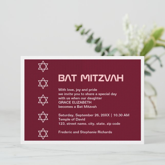 Star of David Pattern Bat Mitzvah Invitation (Standing Front)