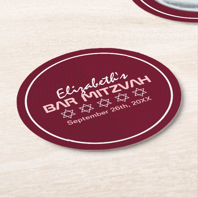 Star of David Pattern Bat Mitzvah Round Paper Coaster (Angled)