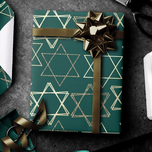 Star of David Pattern  Modern of Gold on Green Wrapping Paper