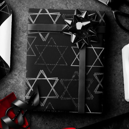 Star of David Pattern  Modern of Silver on Black Wrapping Paper