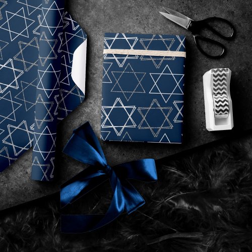 Star of David Pattern  Navy Blue and Silver Wrapping Paper