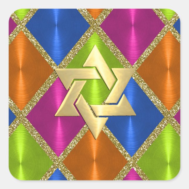 Star of David Pink Blue Green Orange Diamonds Square Sticker (Front)