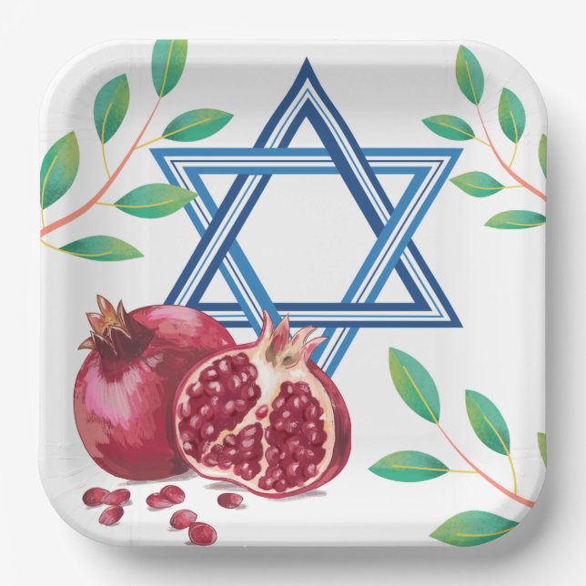 Star of David Pomegranate Leaves Jewish  Paper Plates (Front)