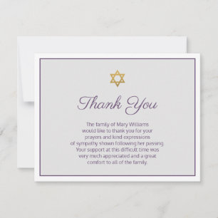 Star of David Purple and Greenery Funeral Thank You Card