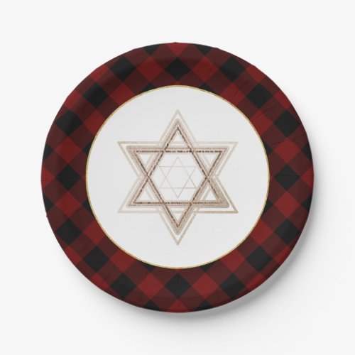 Star of David  Rustic Buffalo Red and Black Plaid Paper Plates