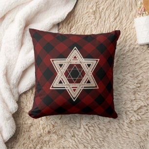 Star of David Rustic Buffalo Red and Black Plaid Throw Pillow