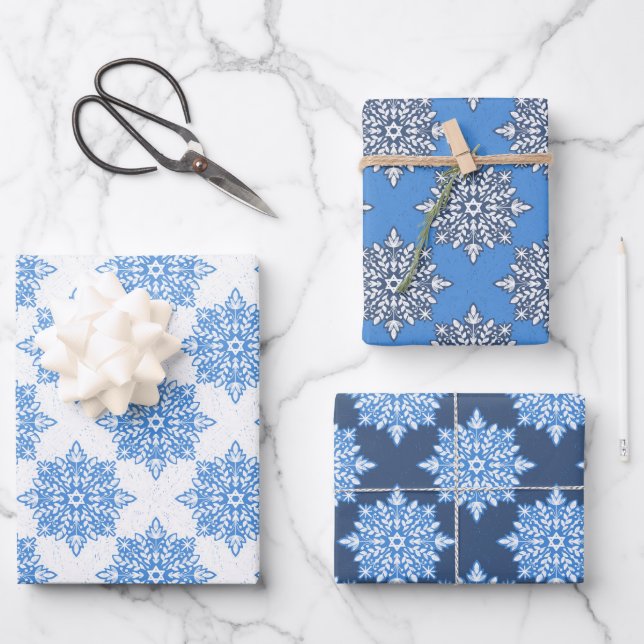 Star of David Snowflakes Hanukkah Set Wrapping Paper Sheets (Front)