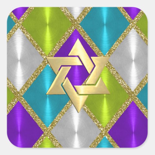 Star of David Turquoise Purple Lime Diamonds Square Sticker