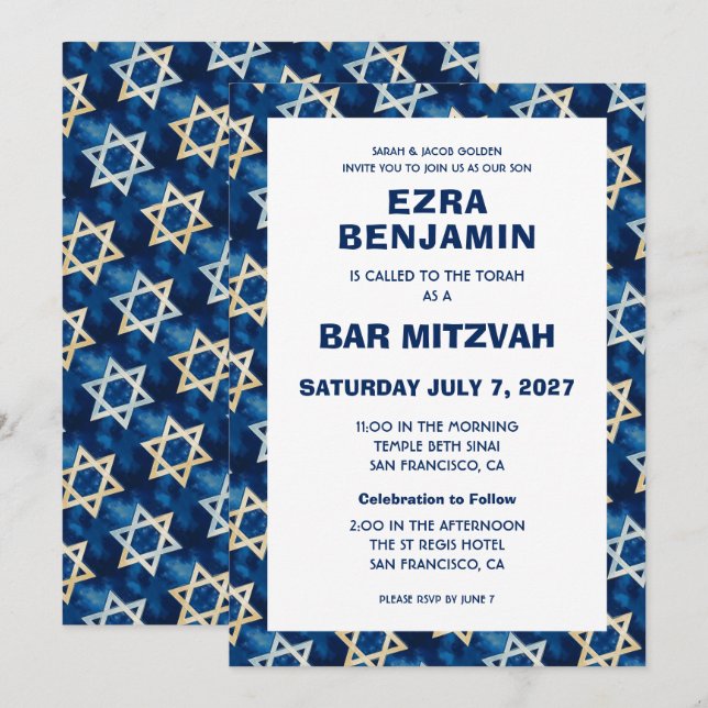 Star of David Watercolor Custom Bar Bat Mitzvah Invitation (Front/Back)