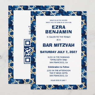Star of David Watercolor Custom QR Bar Bat Mitzvah Invitation
