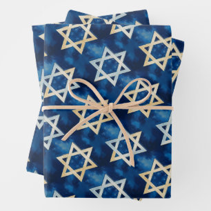 Star of David Watercolor Hanukkah Wrapping Paper Sheets