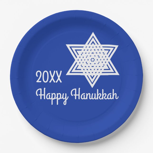 Star of David White on Blue Background Hanukkah Pa Paper Plates (Front)