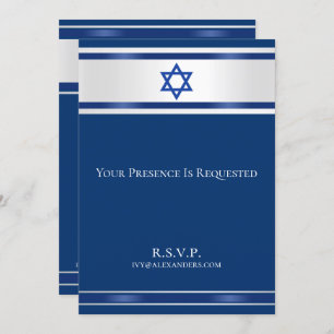 Star of David White Satin Navy Blue Invitation