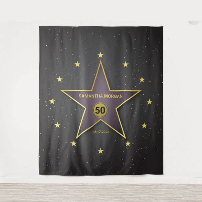 Star of Fame Birthday Backdrop Banner Gold Balck (Front)