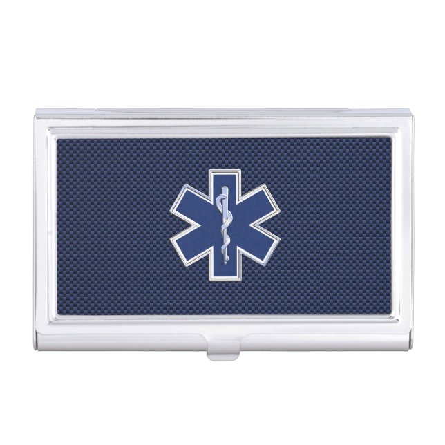 Star of Life Paramedic EMS on Blue Carbon Fiber Business Card Case (Front)