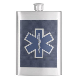Star of Life Paramedic EMS on Blue Carbon Fiber Flask