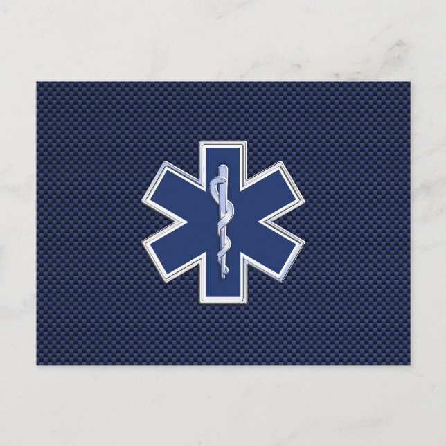 Star of Life Paramedic EMS on Blue Carbon Fiber Postcard (Front)