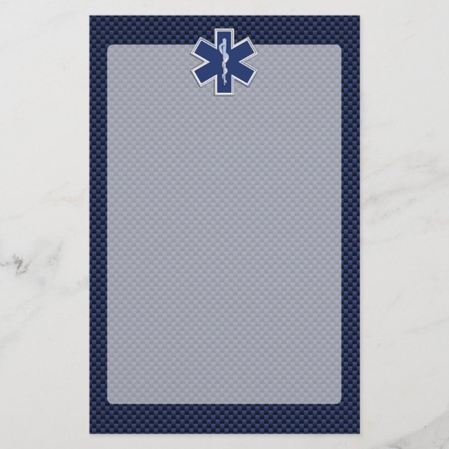 Star of Life Paramedic EMS on Blue Carbon Fiber Stationery (Front)
