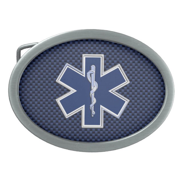Star of Life Paramedic on Navy Blue Carbon Fiber Belt Buckle (Front)