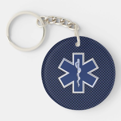 Star of Life Paramedic on Navy Blue Carbon Fiber Keychain