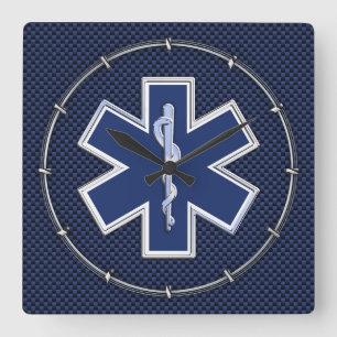 Star of Life Paramedic on Navy Blue Carbon Fiber Square Wall Clock