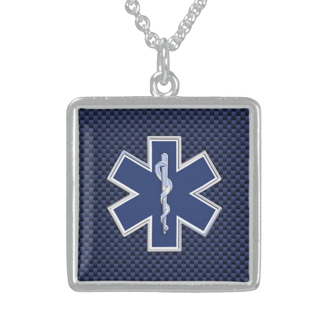 Star of Life Paramedic on Navy Blue Carbon Fiber Sterling Silver Necklace (Front)