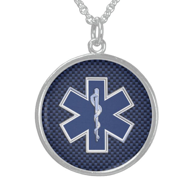 Star of Life Paramedic on Navy Blue Carbon Fiber Sterling Silver Necklace (Front)