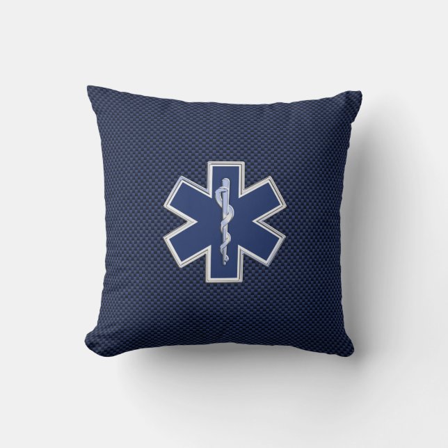 Star of Life Paramedic on Navy Blue Carbon Fiber Throw Pillow (Front)