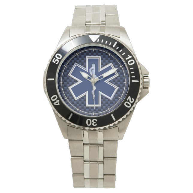 Star of Life Paramedic on Navy Blue Carbon Fiber Watch (Front)