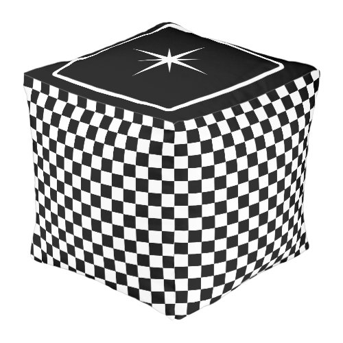 Star on Black  White Checkerboard Pattern Pouf