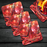 Star Ornament Christmas Square Paper Coaster<br><div class="desc">Custom coasters feature a beautiful red star Christmas tree ornament,  the words "Merry Christmas" and are personalized with your name or personalize with the name of holiday hostesses. MATCHING items in our collection.</div>