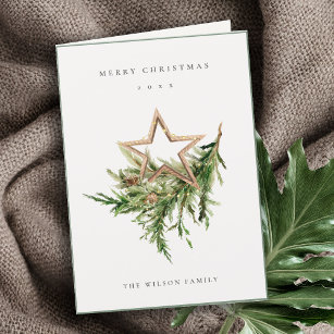 Star Ornament Pine Branch Fauna Merry Christmas Holiday Card