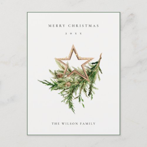 Star Ornament Pine Branch Fauna Merry Christmas Holiday Postcard