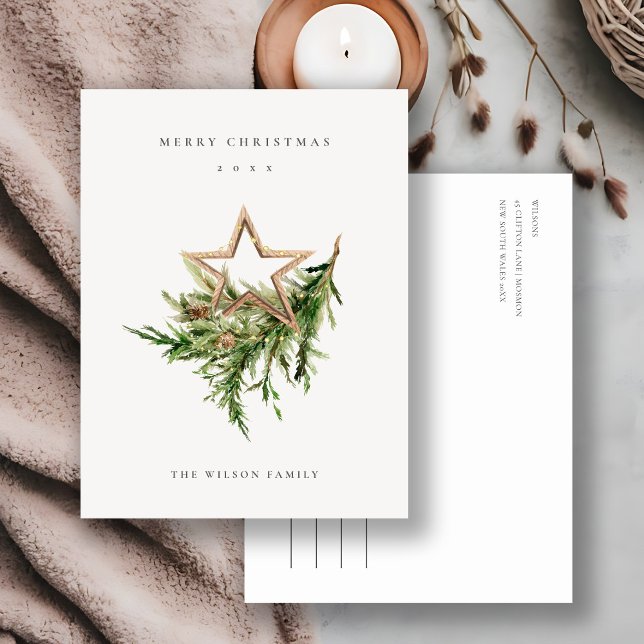 Star Ornament Pine Branch Fauna Merry Christmas Holiday Postcard (Creator Uploaded)