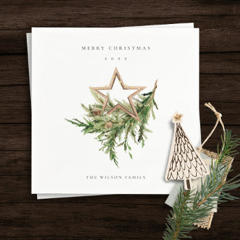 Star Ornament Pine Branch Fauna Merry Christmas Napkins by YellowFebPaperie at Zazzle