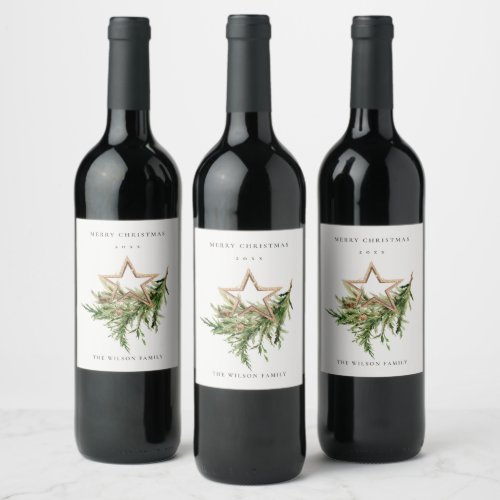 Star Ornament Pine Branch Fauna Merry Christmas Wi Wine Label