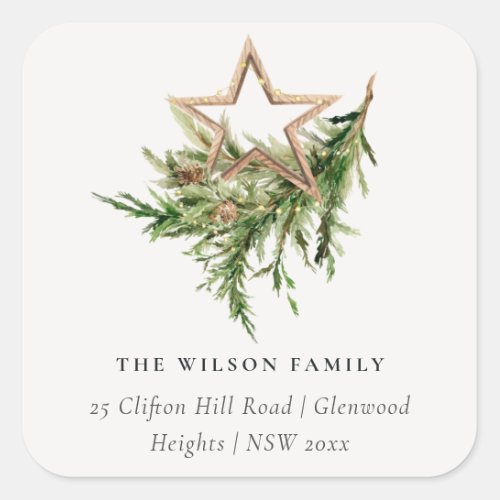 Star Ornament Pine Fauna Merry Christmas Address Square Sticker