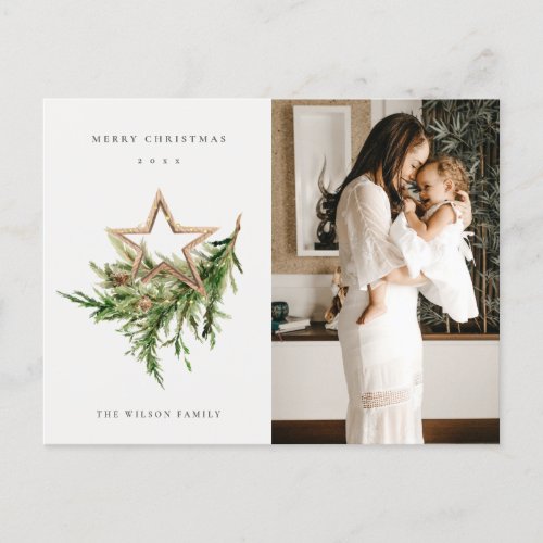Star Ornament Pine Fauna Photo Merry Christmas Holiday Postcard
