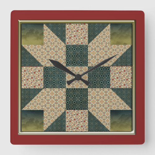 Star Patch Quilt Block Gold  Green no numbers Square Wall Clock